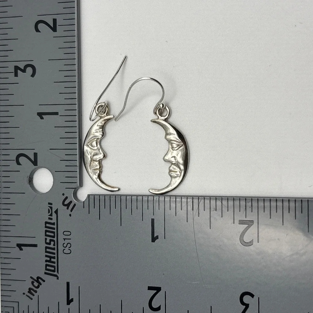 Vtg 925 Sterling Silver Crescent Moon Face Pierced Dangle Drop Earrings 1